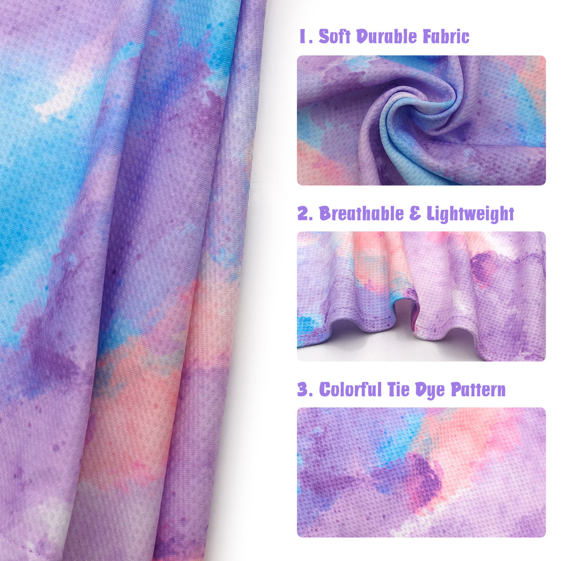 Cooling dog bandana fabric close-up, purple and blue tie-dye with soft, lightweight look