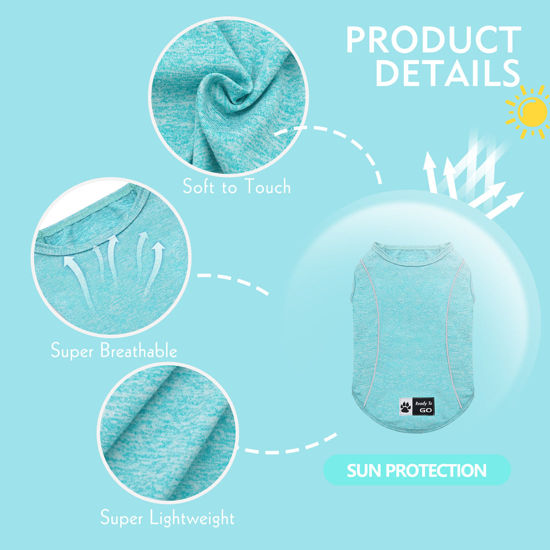 Turquoise lightweight sleeveless dog shirt with breathable curved seams