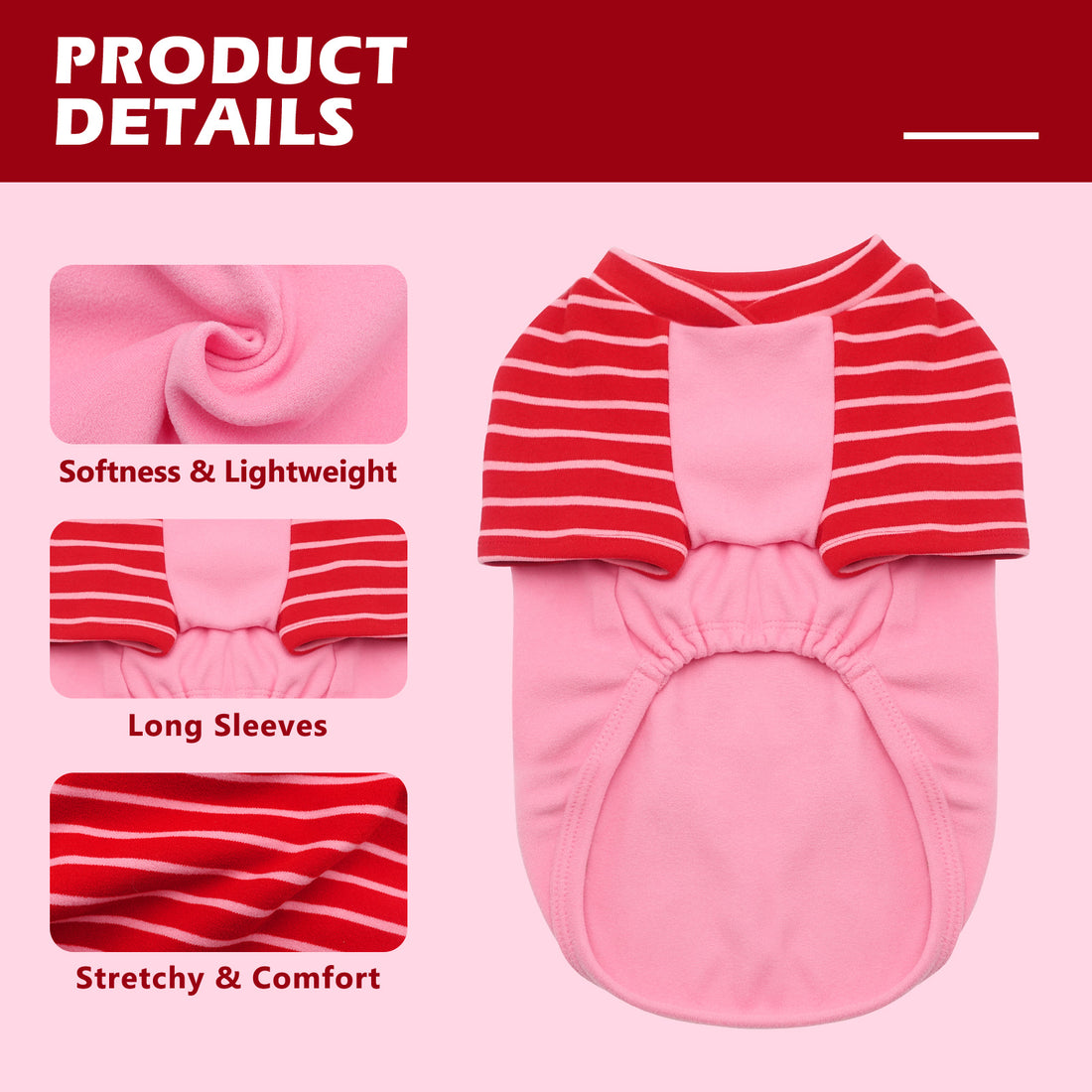 Pink dog shirt with red striped raglan sleeves and stretchy belly opening