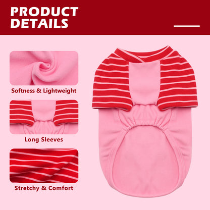 Pink dog shirt with red striped raglan sleeves and stretchy belly opening