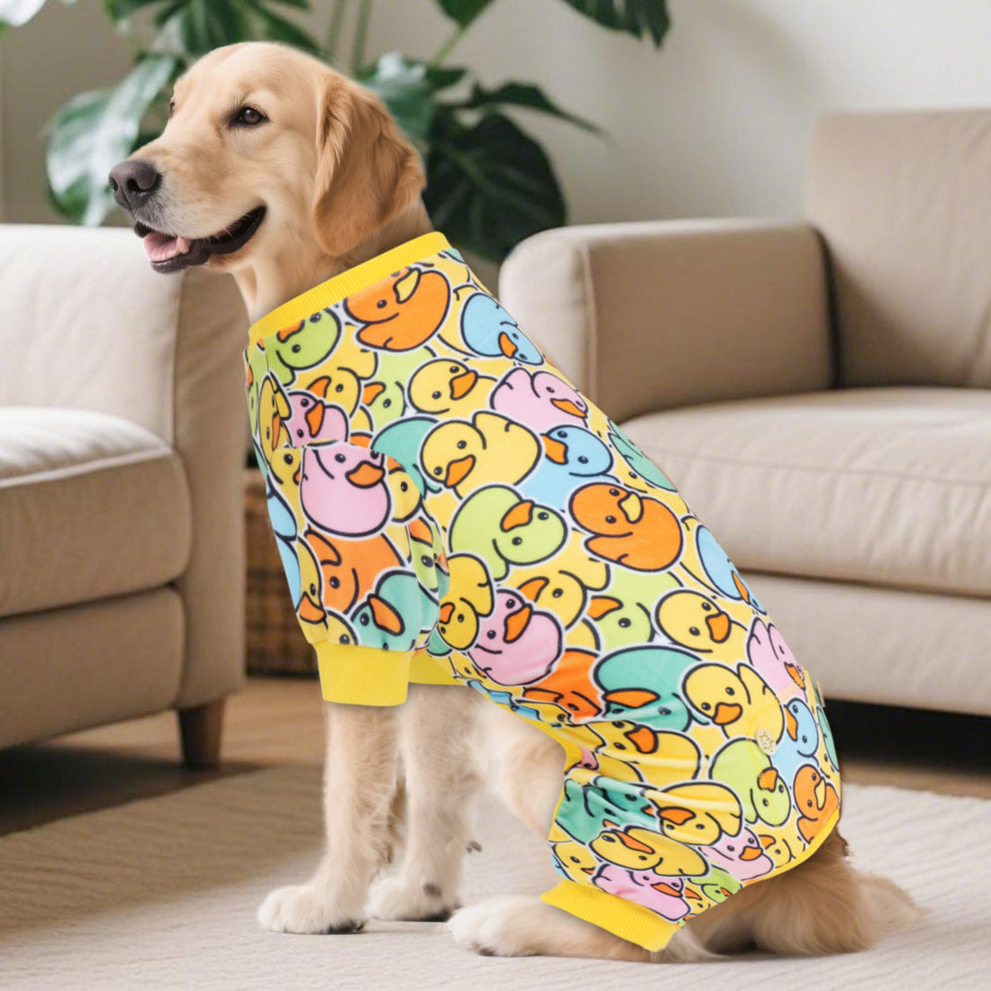 Dog onesie pajamas with duck cartoon print and yellow cuffs on a standing dog