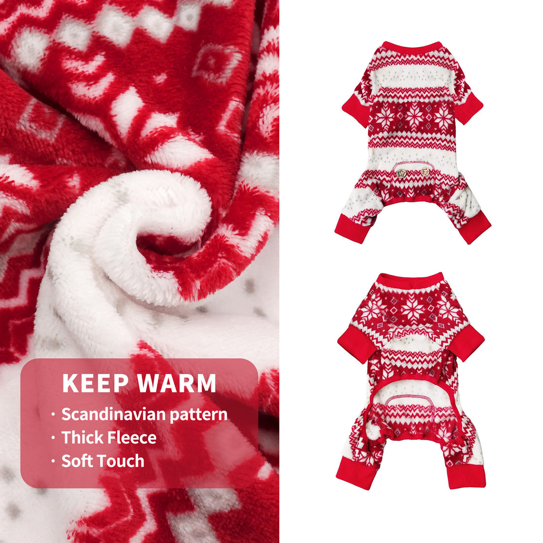 Red and white fleece dog pajama with snowflake knit pattern and short sleeves