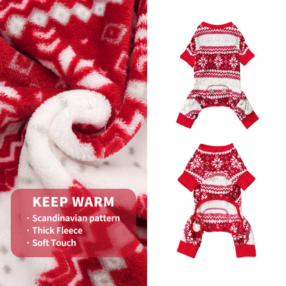 Red and white fleece dog pajama with snowflake knit pattern and short sleeves