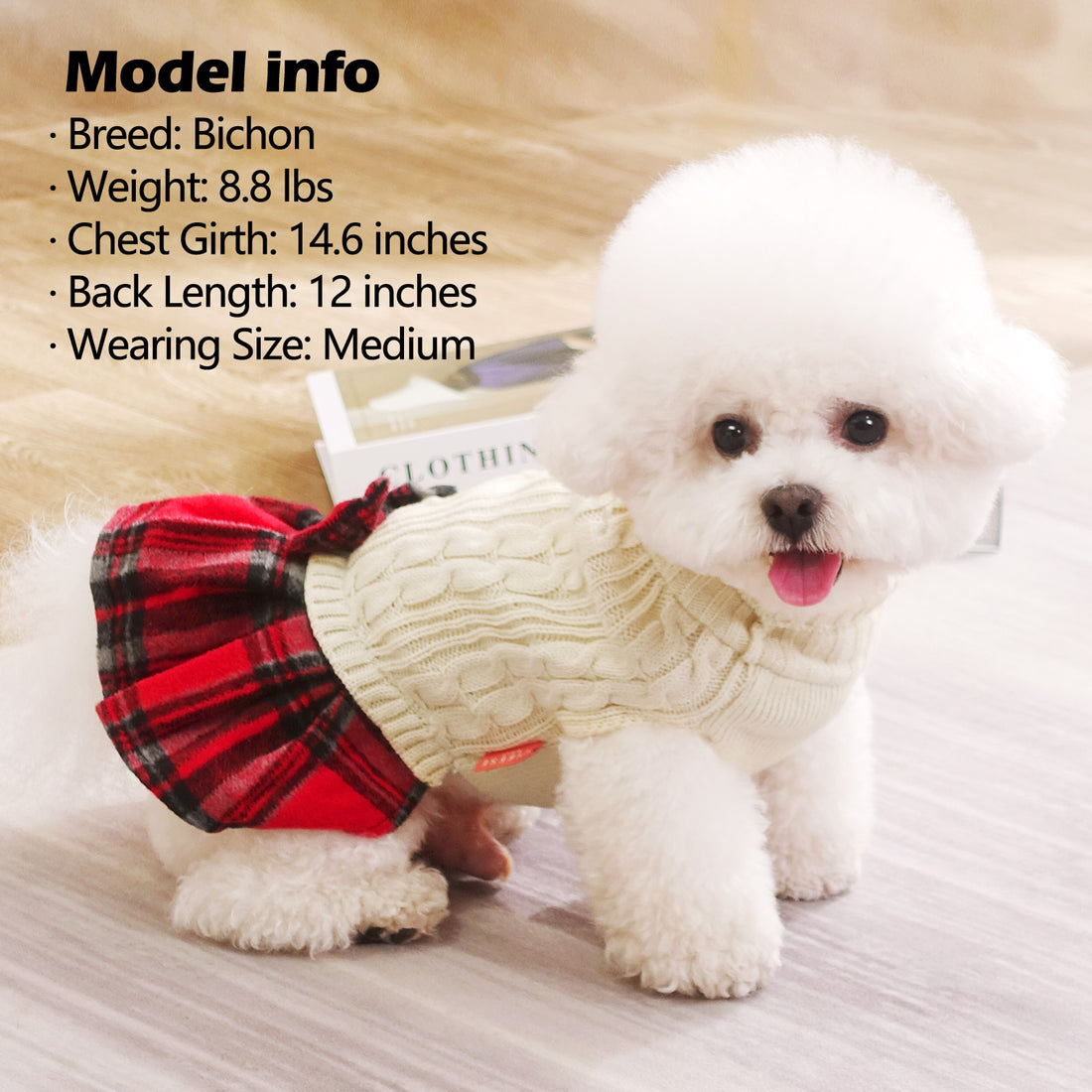 Cream dog sweater with turtleneck, red plaid ruffle skirt and plaid bow detail