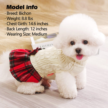 Cream dog sweater with turtleneck, red plaid ruffle skirt and plaid bow detail