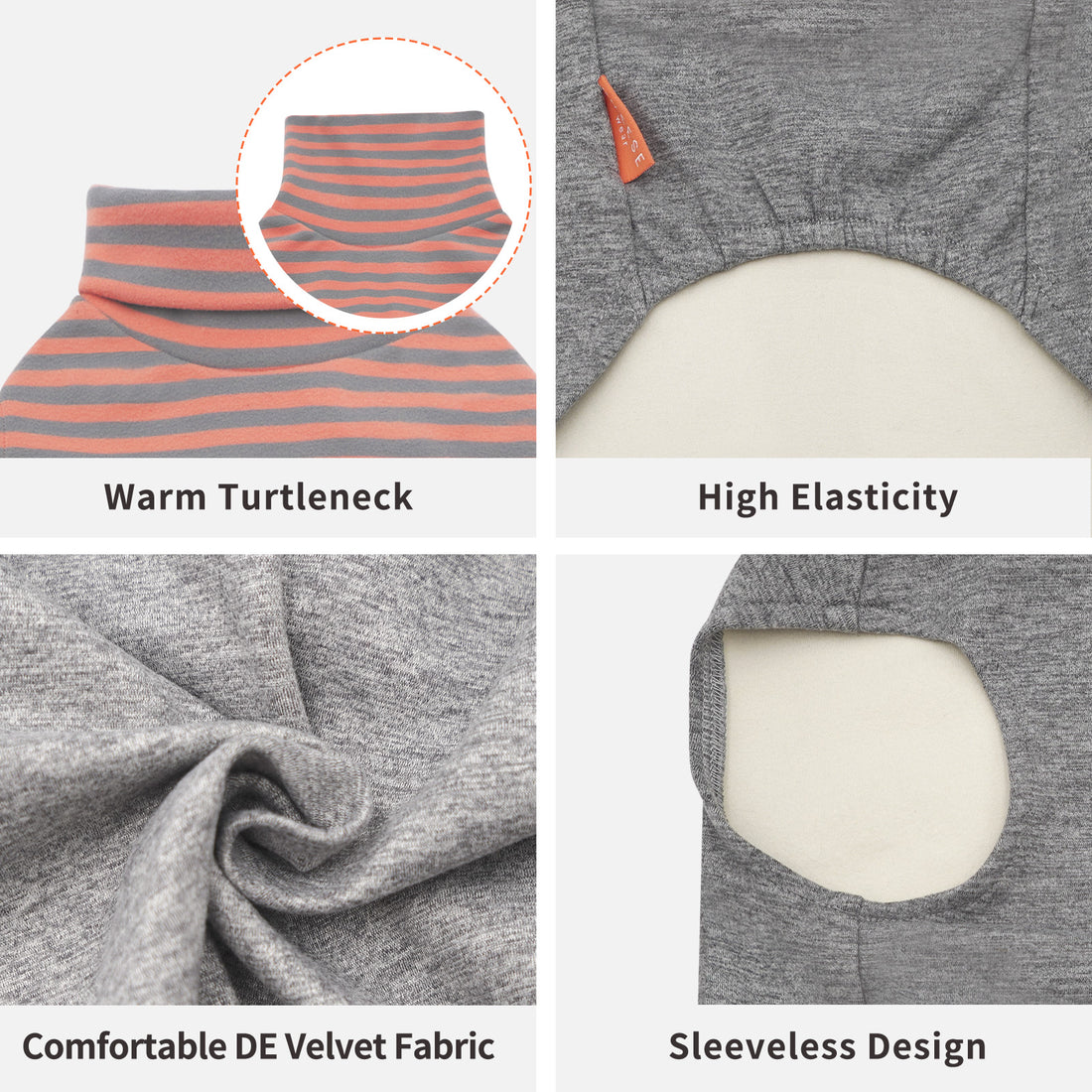 Coral-and-orange striped sleeveless dog turtleneck; gray sleeveless sweater fabric close-up