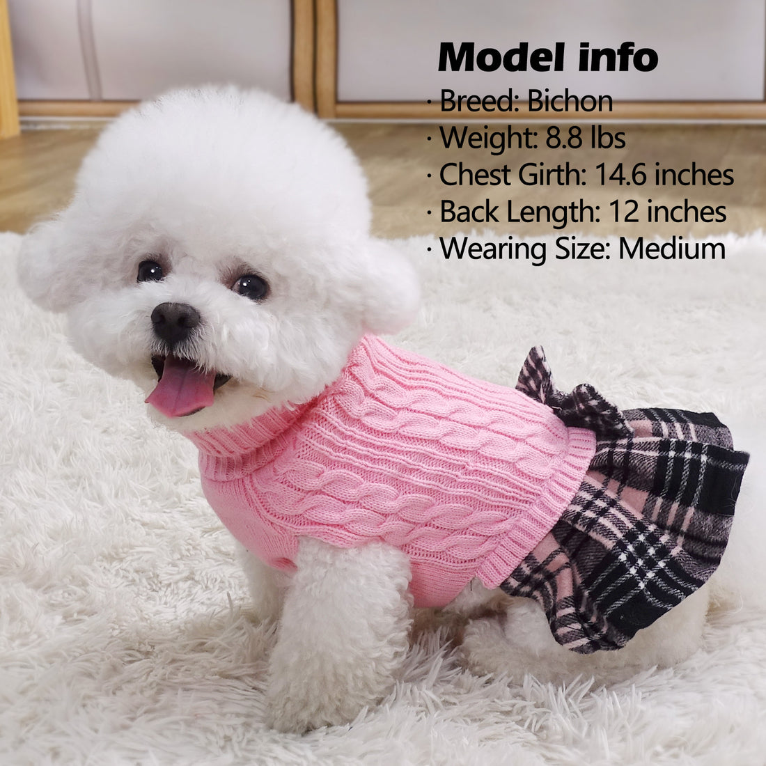 Pink dog sweater with turtleneck, plaid ruffle skirt and bow accent