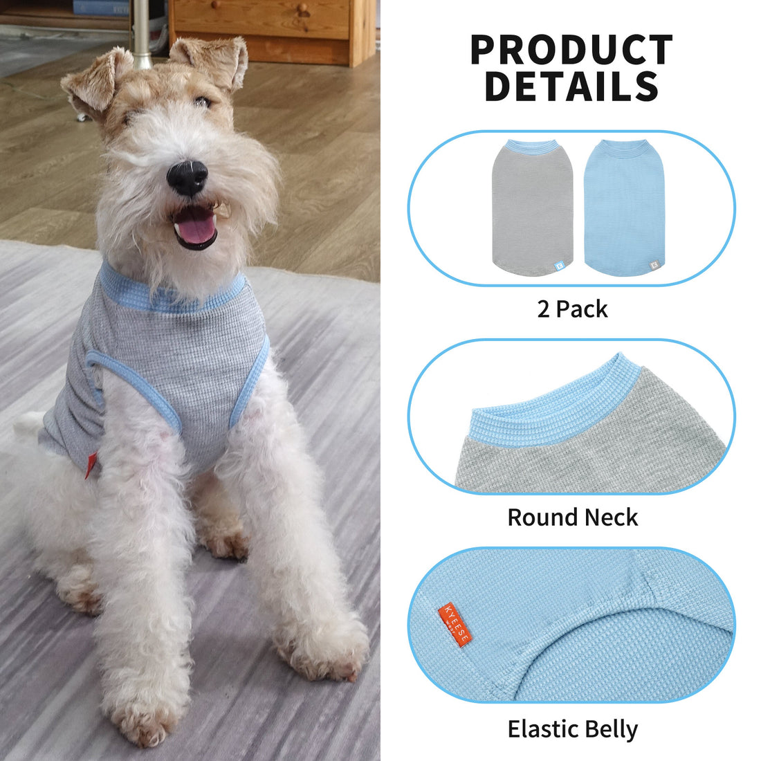 Dog waffle shirt 2-pack in light blue and gray, round neck, elastic belly
