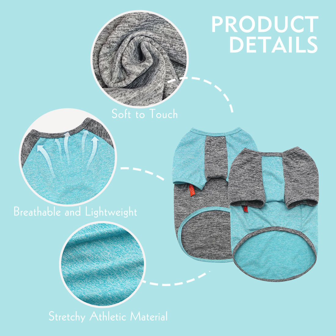 Two lightweight dog shirts shown flat: heather gray and teal with raglan sleeves.