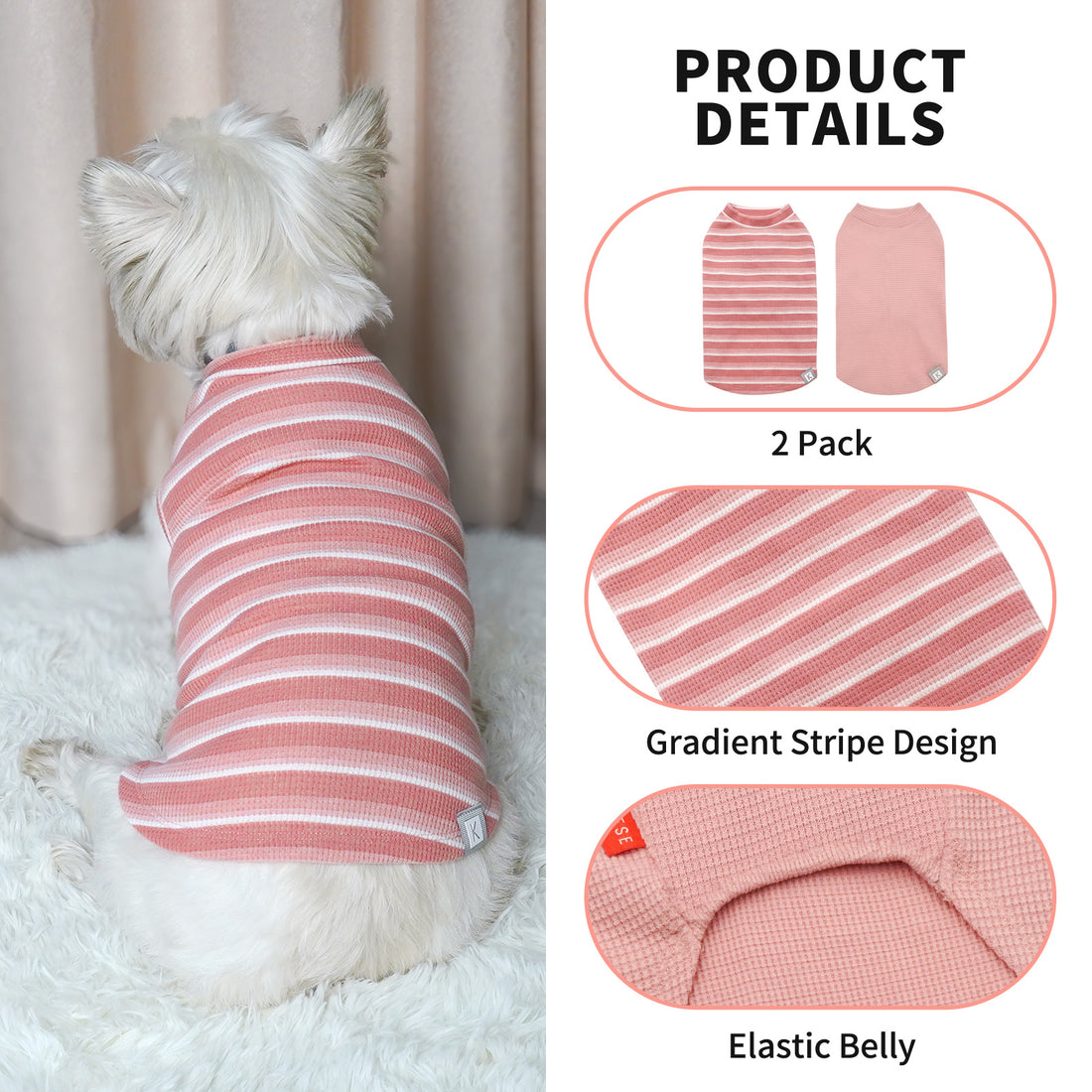 Dog wearing a pink-and-white striped waffle dog shirt with round neck
