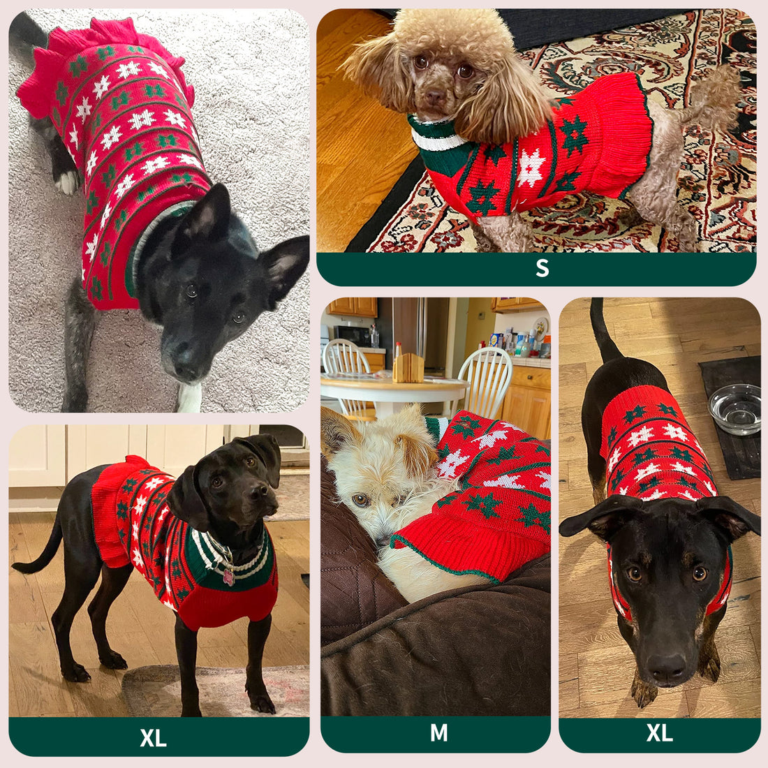Dog sweater dress, red knit with green snowflakes and ribbed turtleneck, ruffled skirt