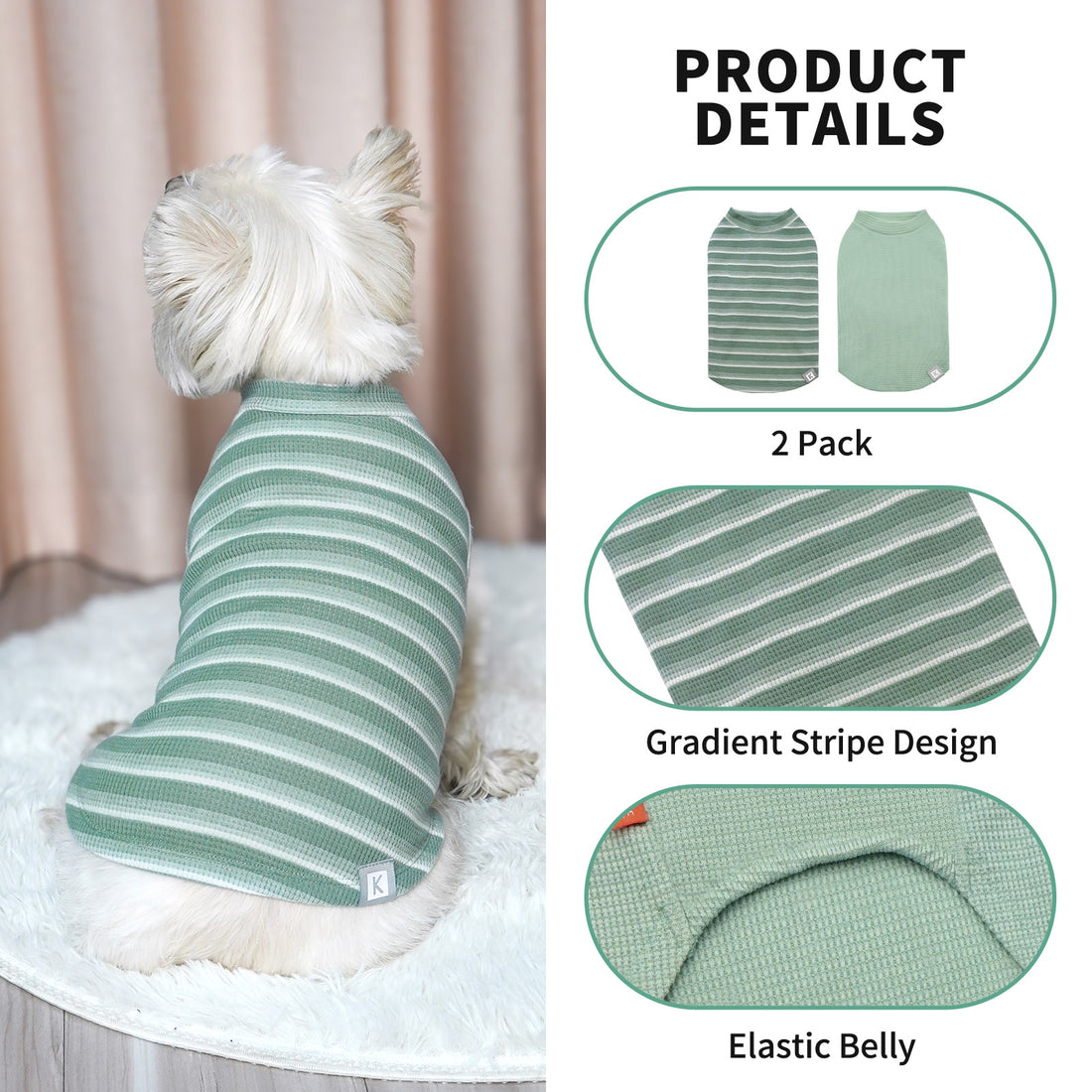 2-pack dog shirts with gradient stripe design; green striped and solid mint styles.