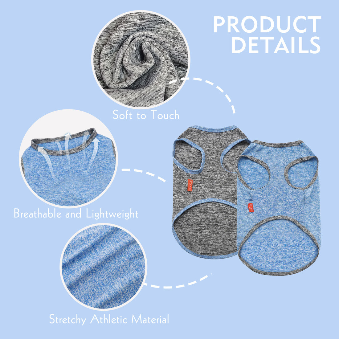 2-pack sleeveless dog shirts in heather gray and heather blue with blue trim