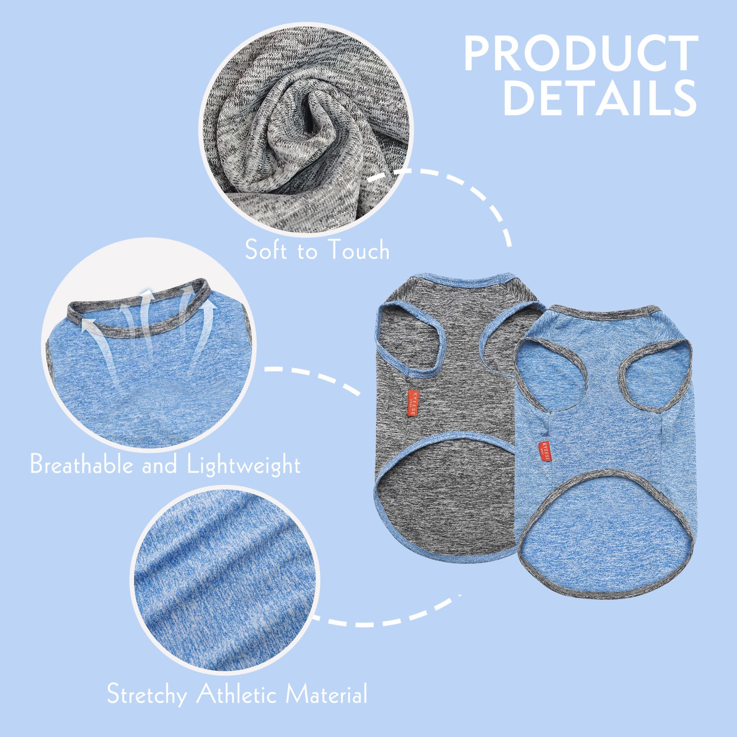2-pack sleeveless dog shirts in heather gray and heather blue with blue trim