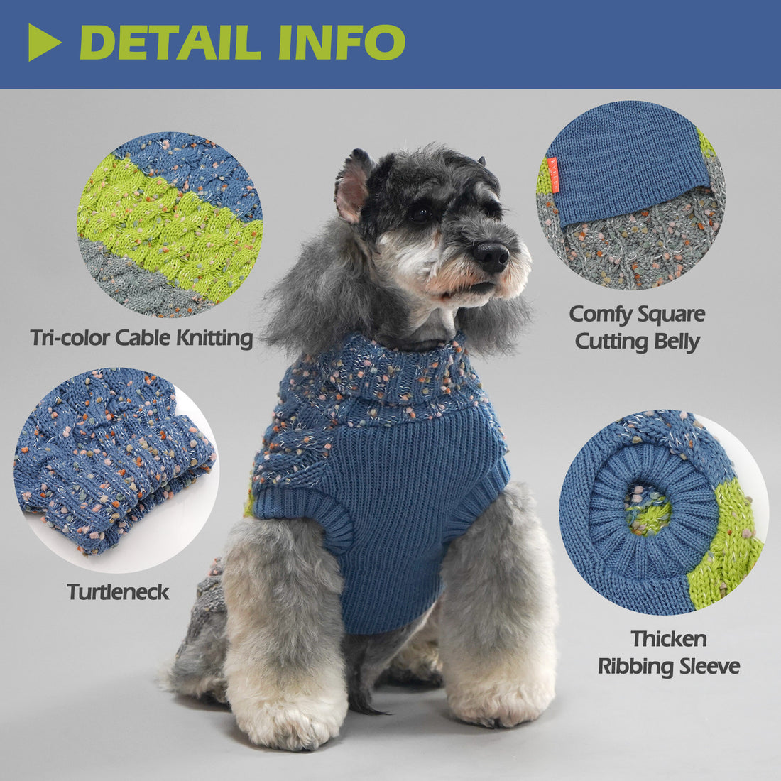 Blue dog sweater with lime accents, textured speckled knit, ribbed turtleneck