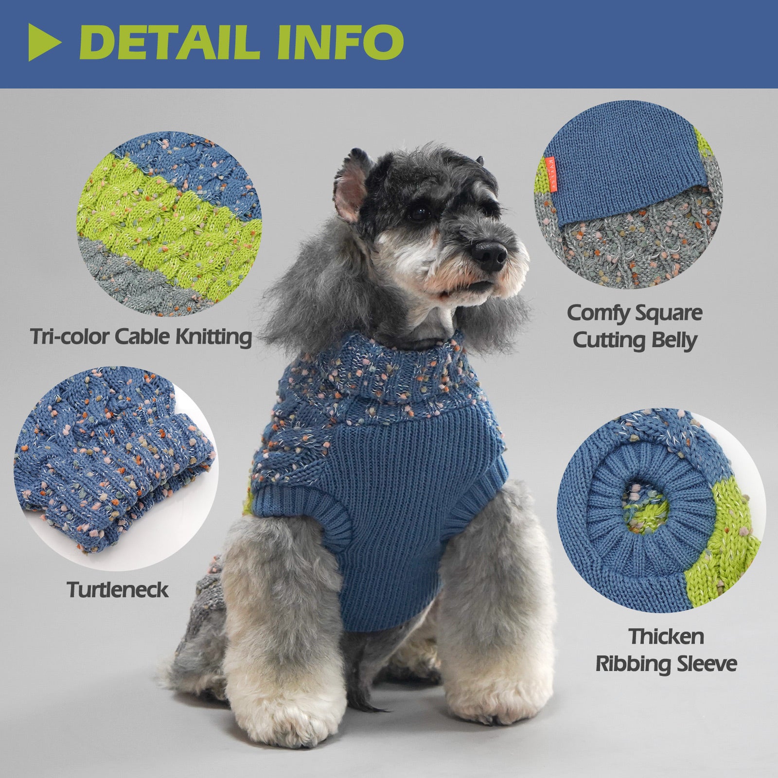 Blue dog sweater with lime accents, textured speckled knit, ribbed turtleneck