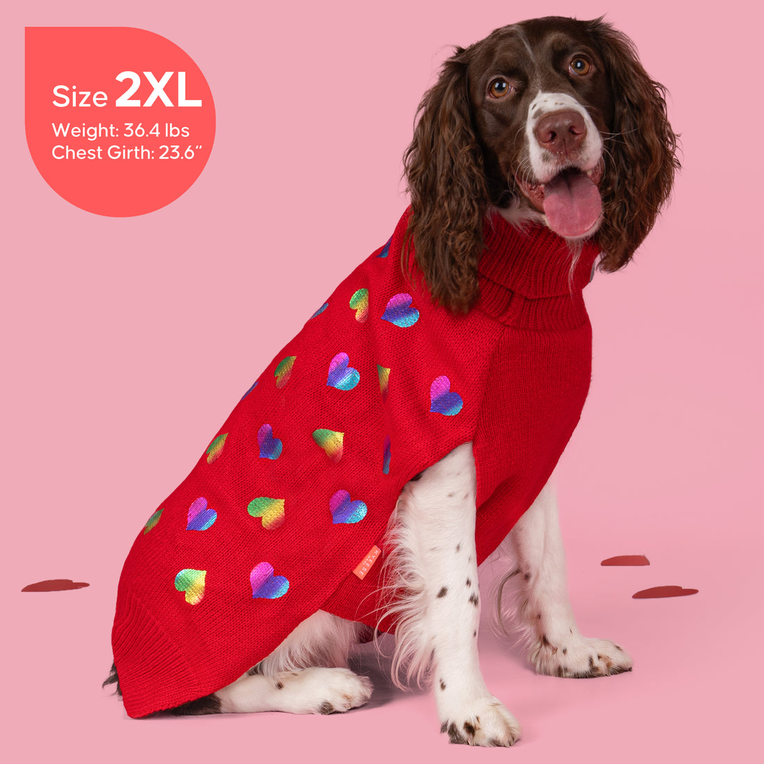 Red knit dog sweater with colorful heart pattern and ribbed high turtleneck