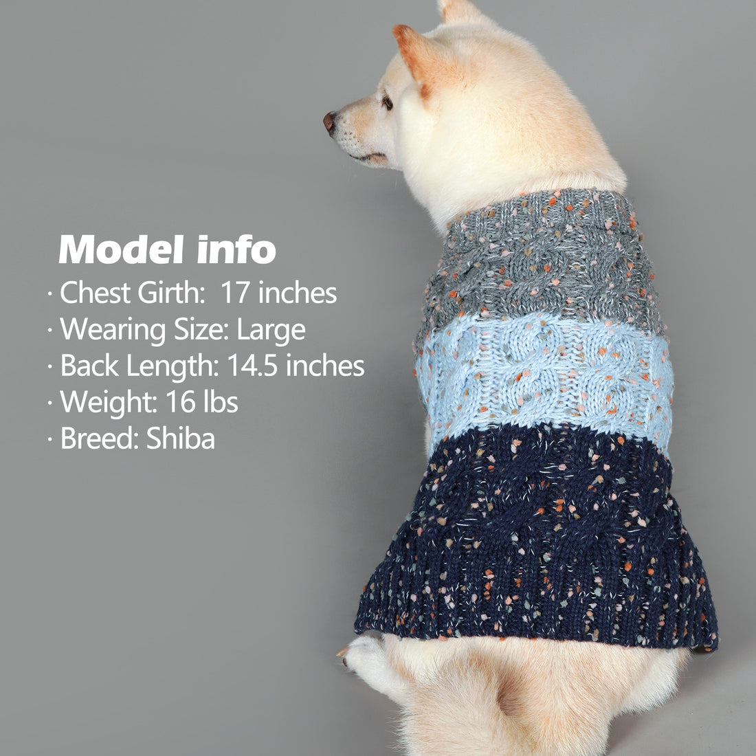 Fuzzy color-block knit dog sweater with turtleneck, gray and light blue belly panel