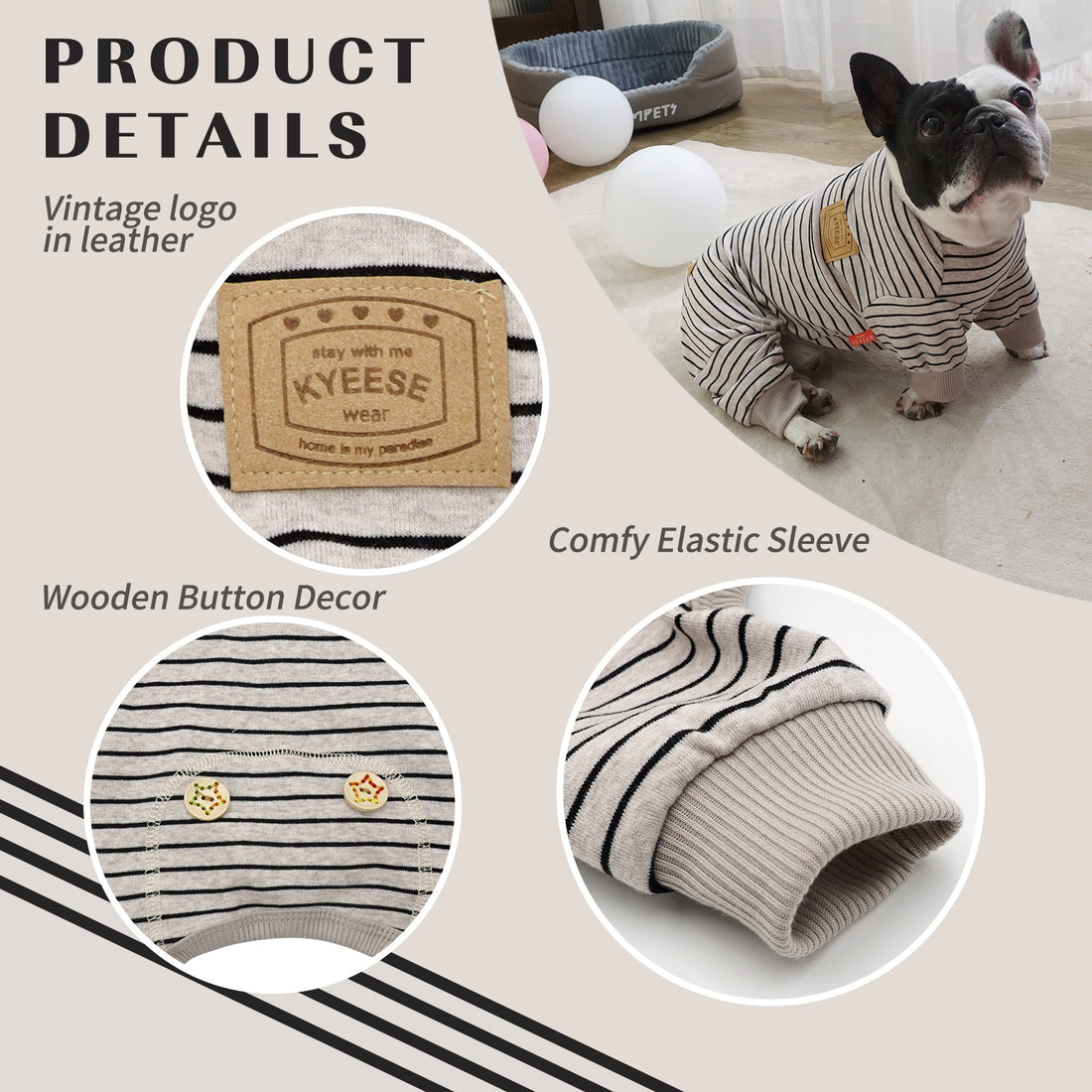 Striped dog onesie pajamas with leather-look brand patch, elastic sleeve cuffs, knit stripes