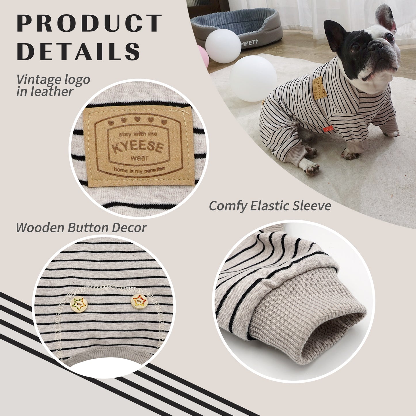 Striped dog onesie pajamas with leather-look brand patch, elastic sleeve cuffs, knit stripes