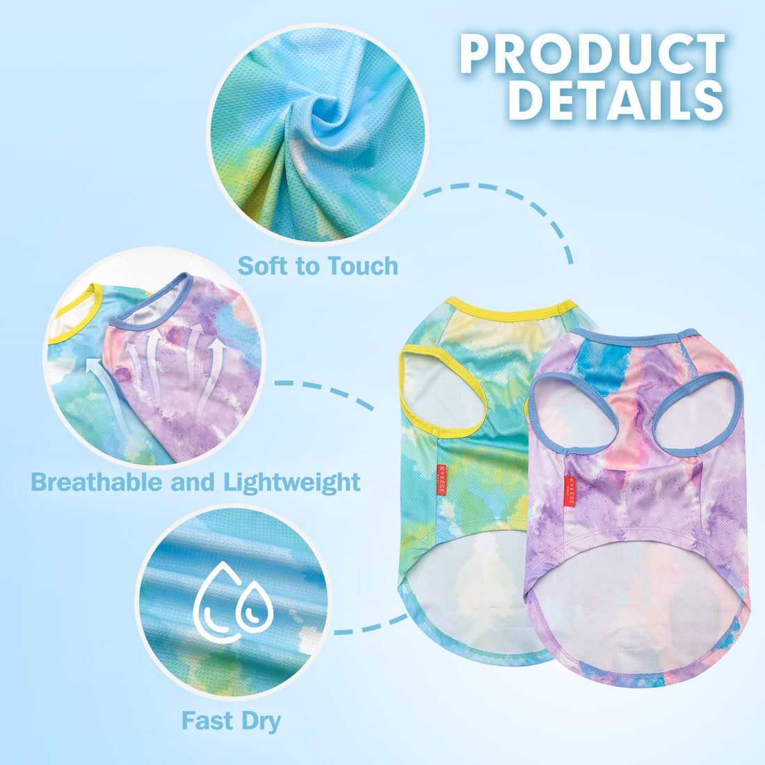 Colorful dog cooling shirt; product details graphic highlights soft touch, breathable, fast-dry fabric