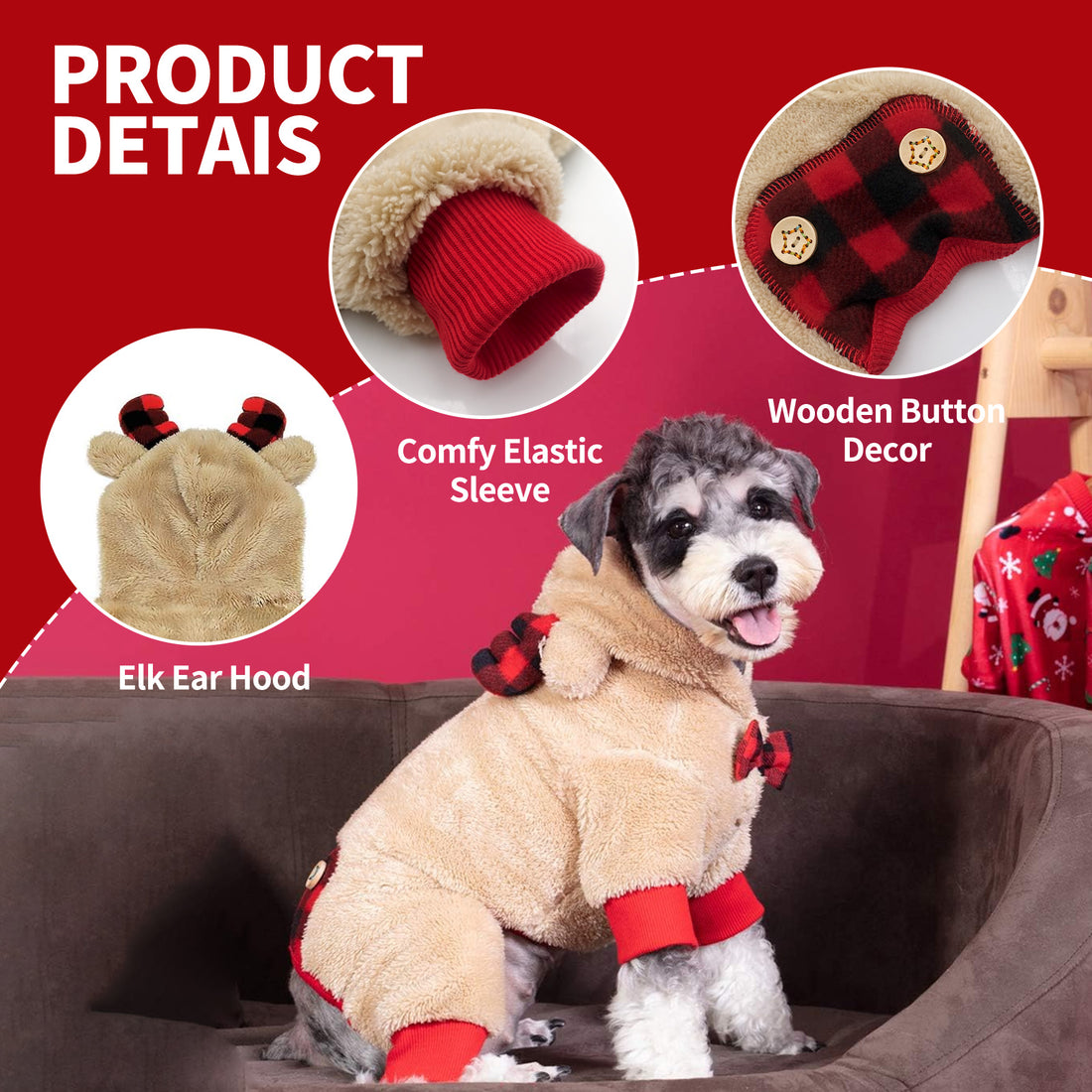 Tan fleece dog onesie with elk-ear hood, red ribbed sleeves, and wooden button decor