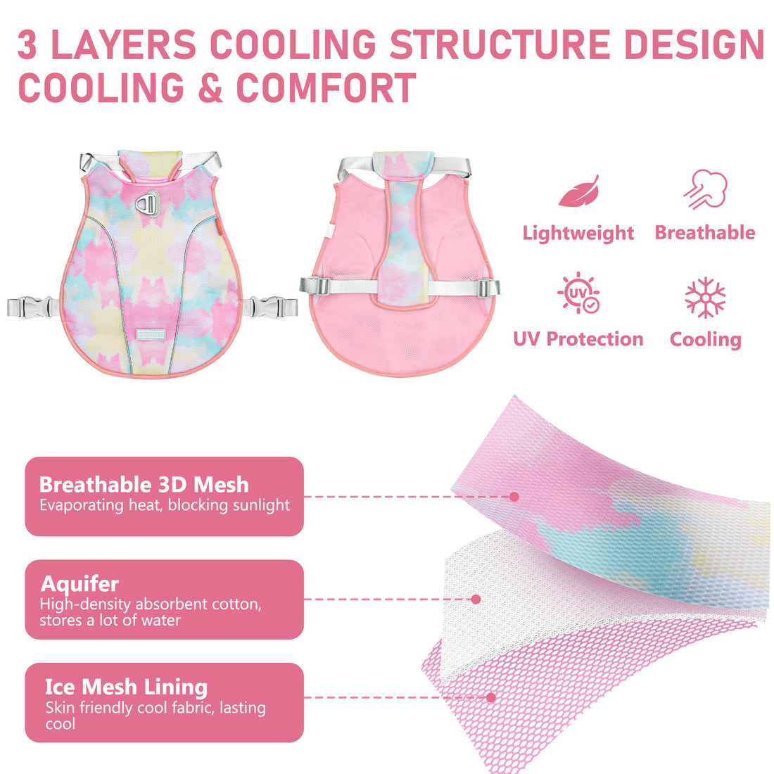 Pink dog cooling vest showing three-layer mesh design with adjustable gray straps