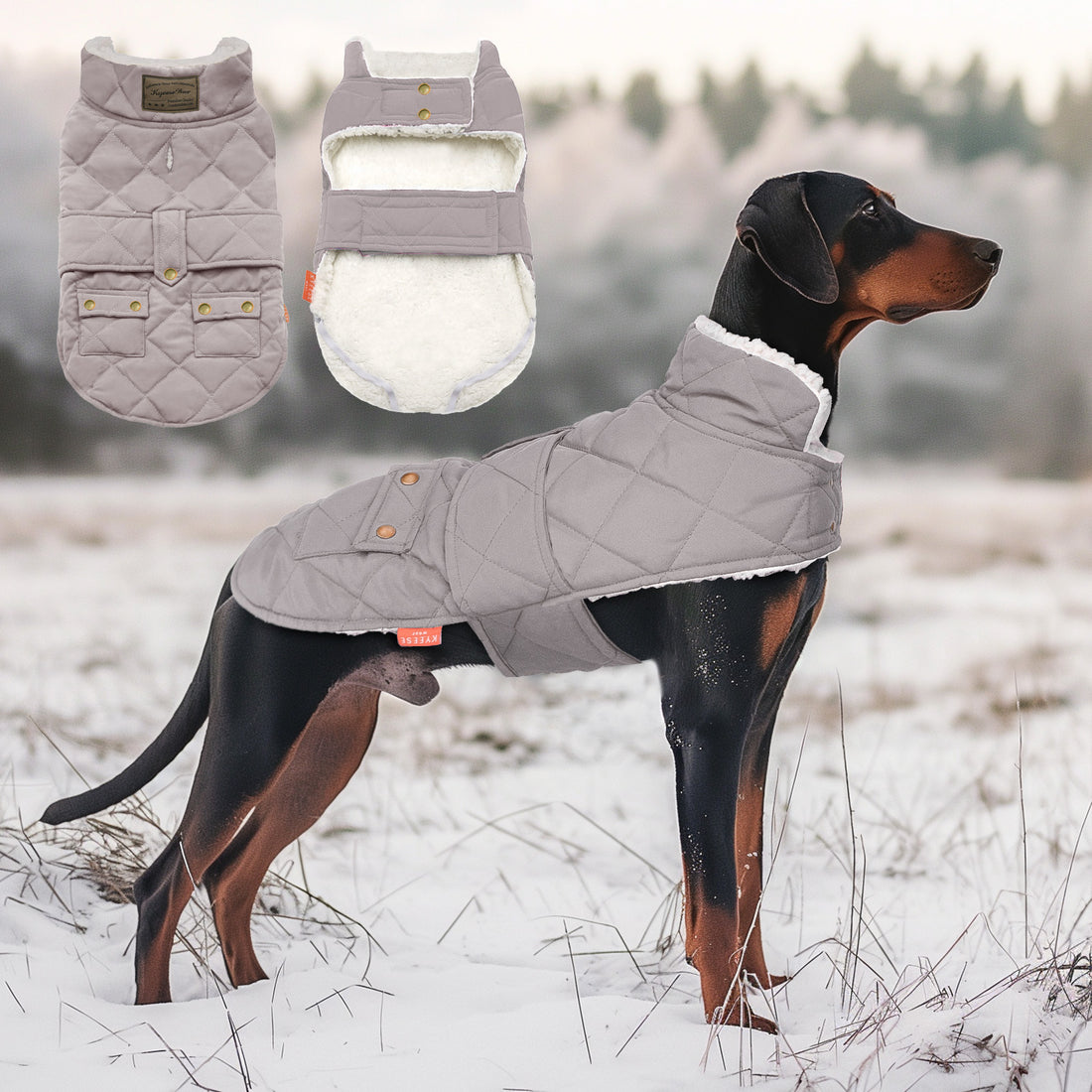 Grey quilted dog coat with hood and sherpa lining on standing dog in snow.
