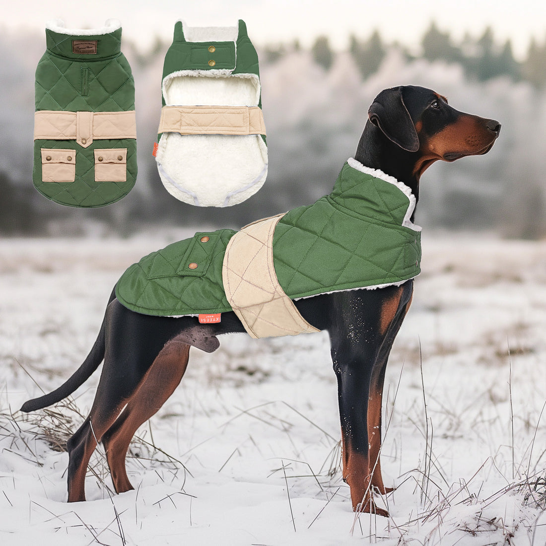 Quilted windproof dog coat with pocket in green and beige on a dark dog, outdoor winter
