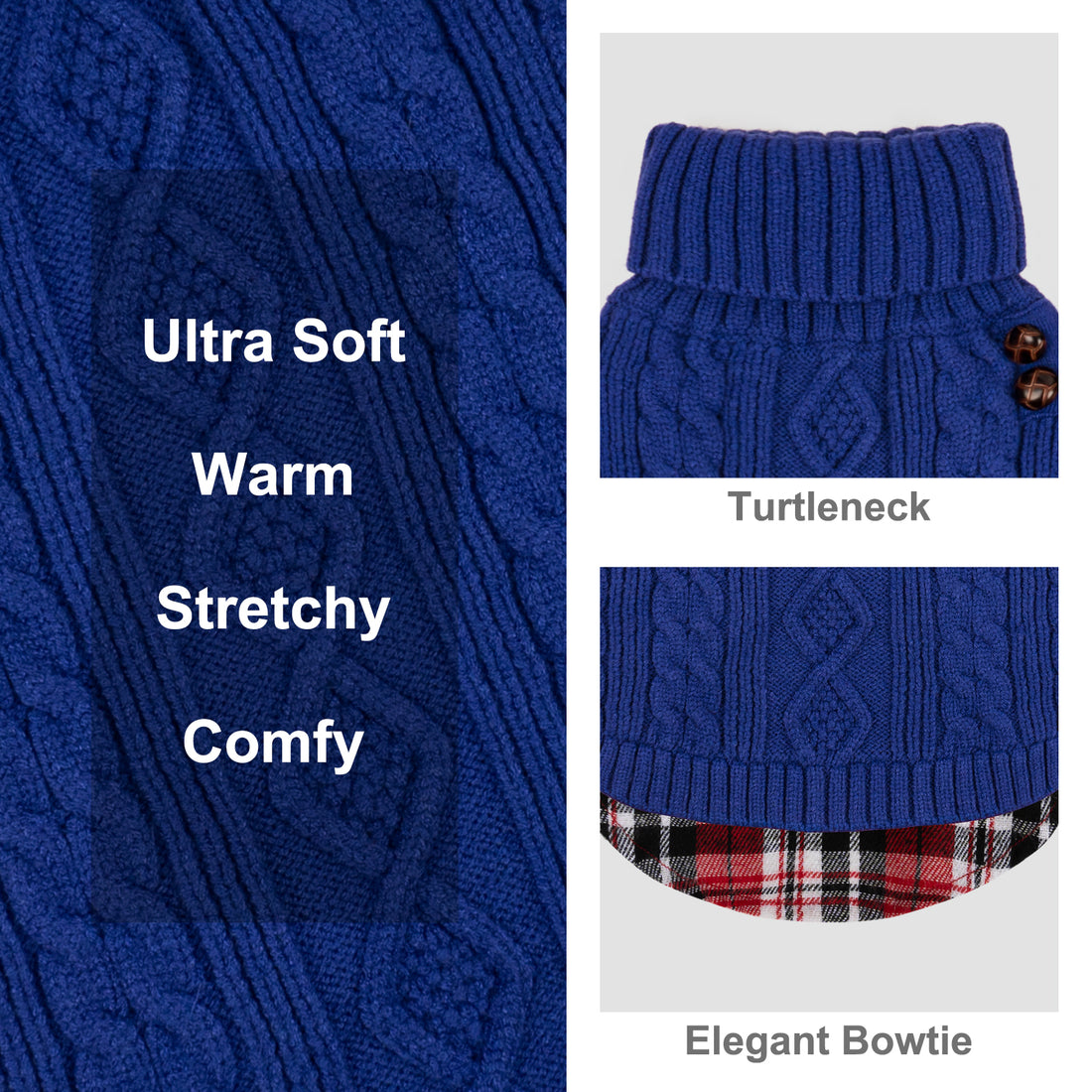 Blue cable-knit turtleneck dog sweater with ribbed collar and plaid hem panel