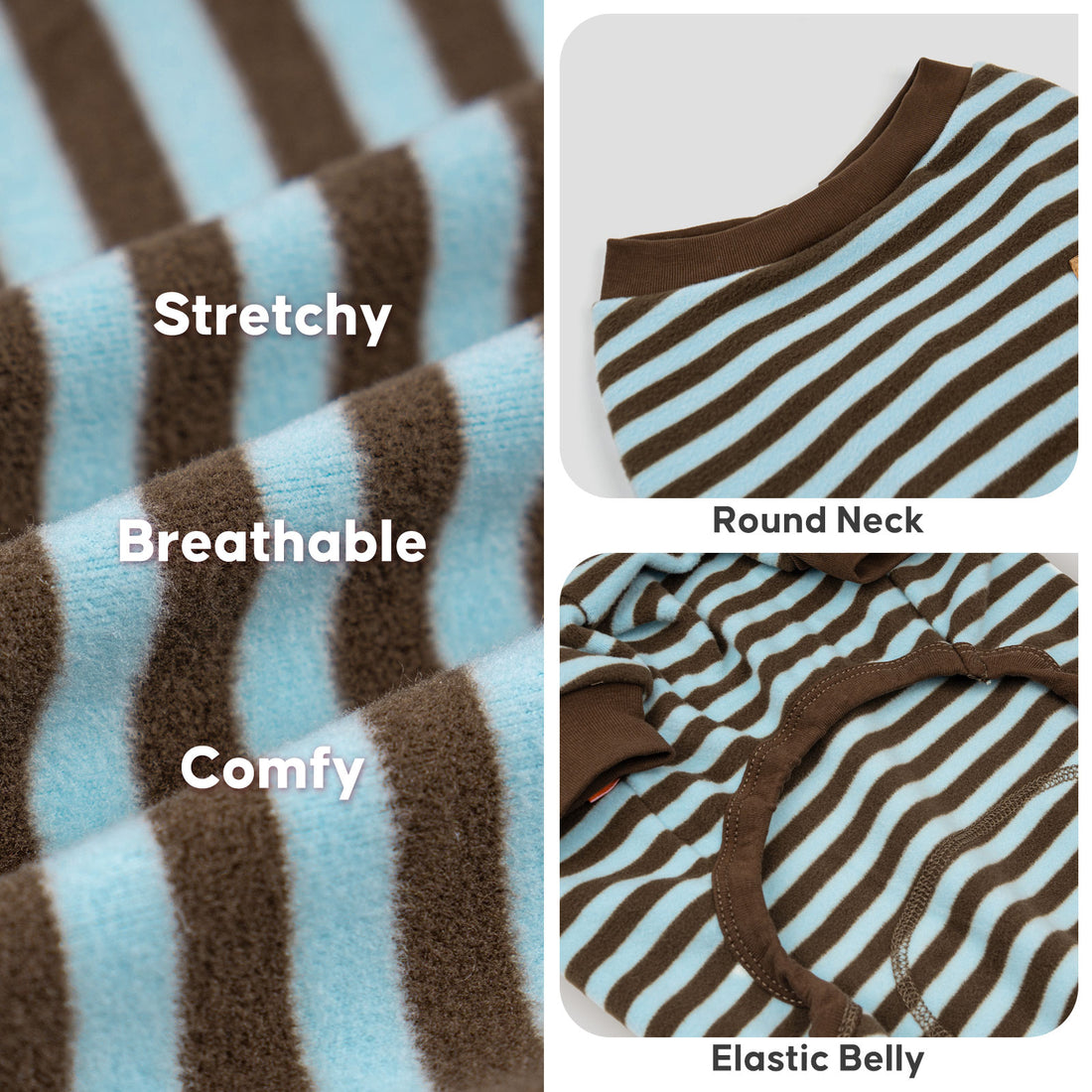 Striped dog onesie pajamas with round neck and elastic belly, brown and blue