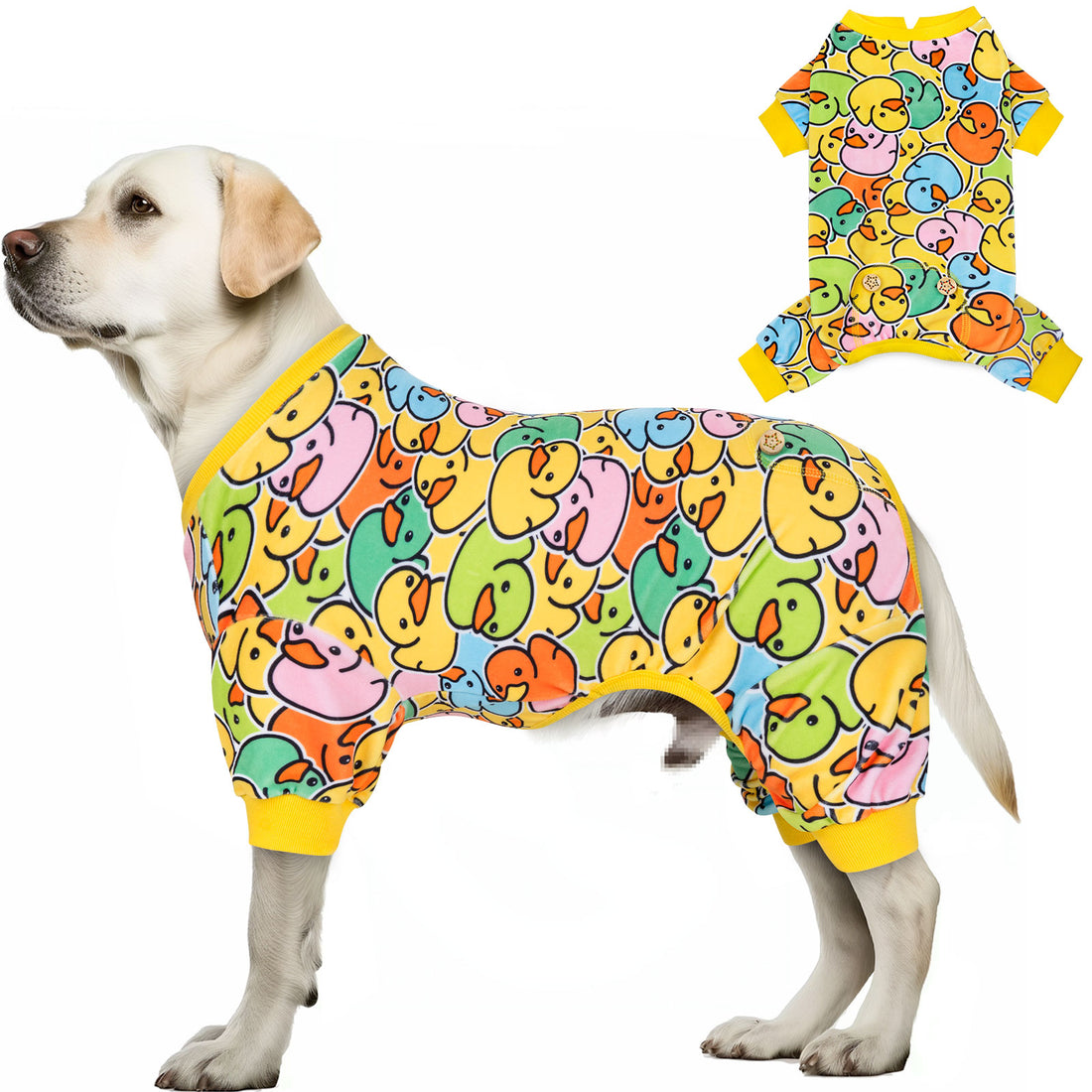 Dog onesie pajamas with duck cartoon print and yellow ribbed legs