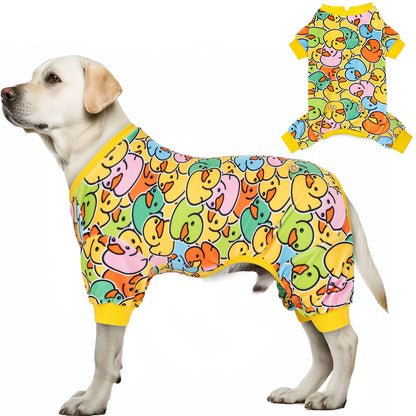 Dog onesie pajamas with duck cartoon print and yellow ribbed legs
