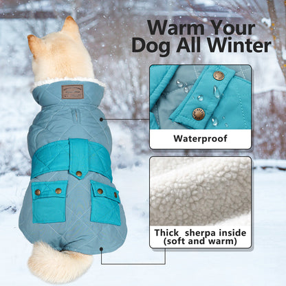 Quilted windproof dog coat with pocket, turquoise-blue with thick sherpa lining and front pockets