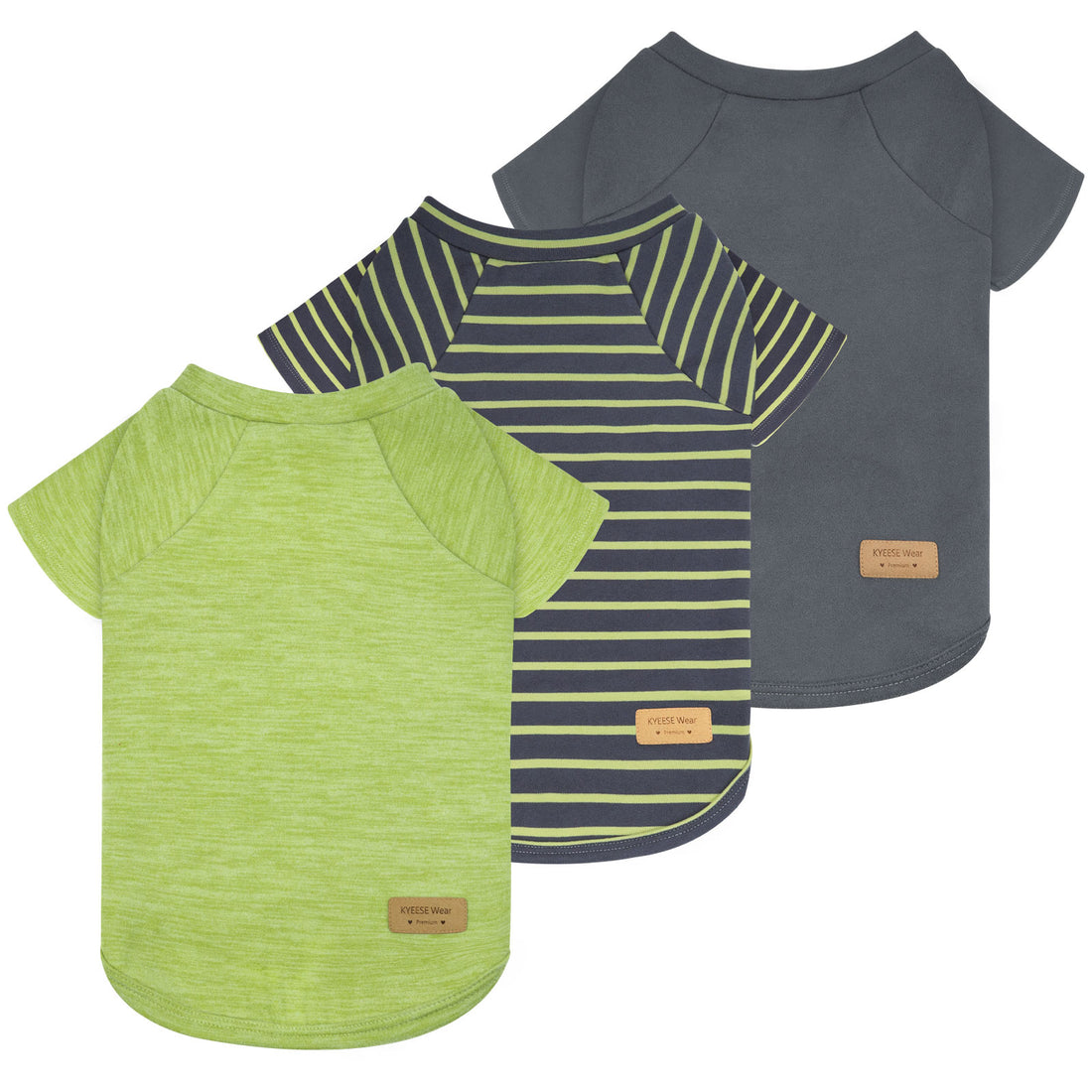 Set of dog raglan sleeve shirts: lime green solid, navy striped, and charcoal gray
