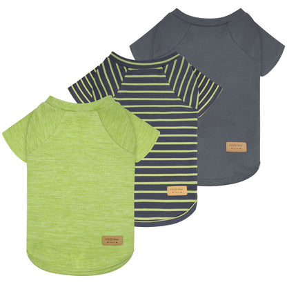 Set of dog raglan sleeve shirts: lime green solid, navy striped, and charcoal gray