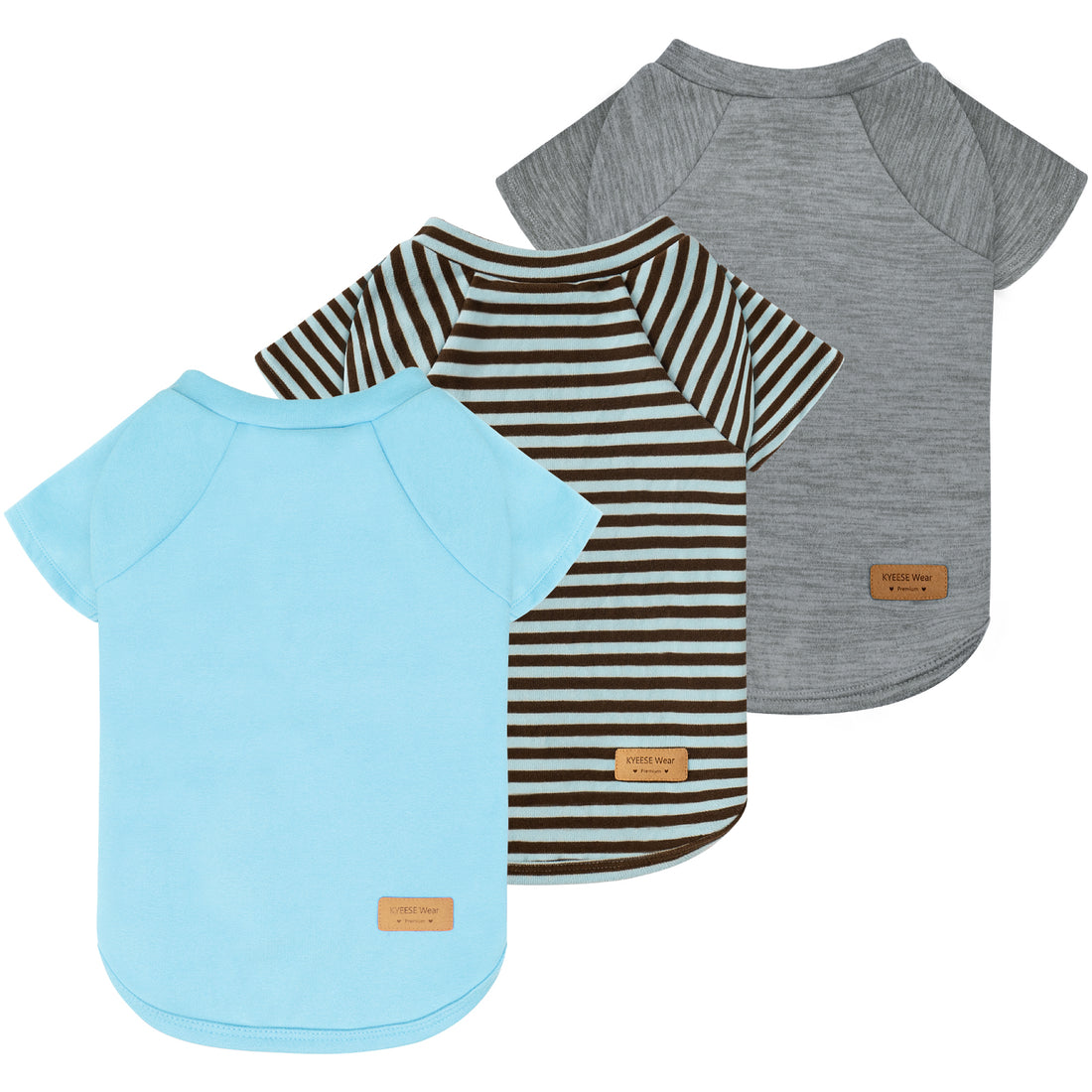 Three dog shirts: light blue solid, striped raglan, and gray solid