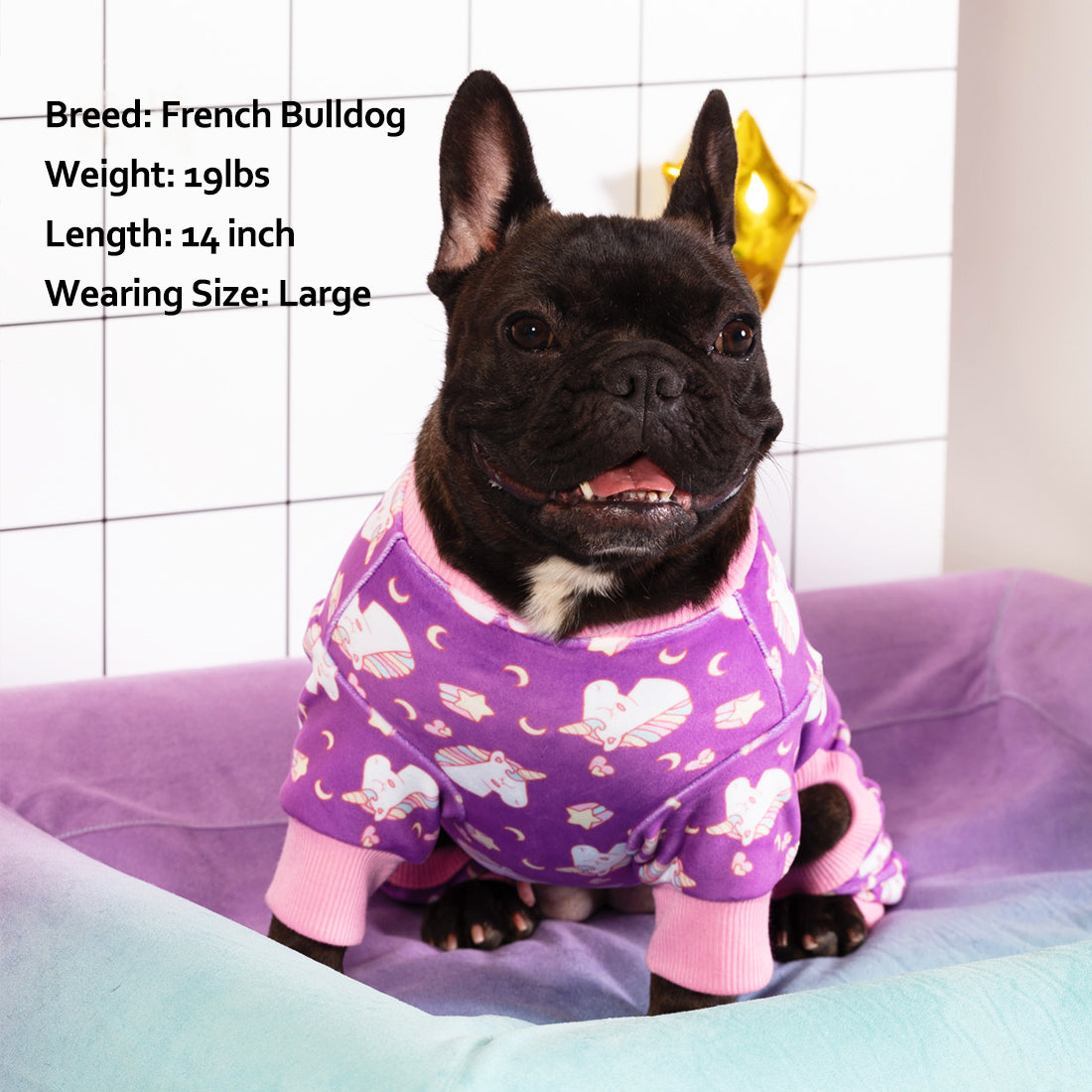 Purple dog unicorn onesie pajamas with pink ribbed collar and long leg openings.