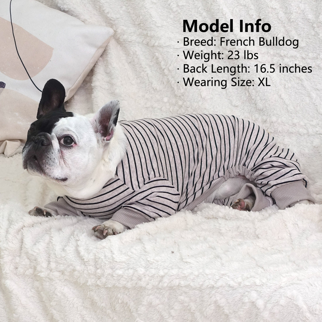 Striped dog onesie pajamas for pets, light gray with black stripes and ribbed leg openings