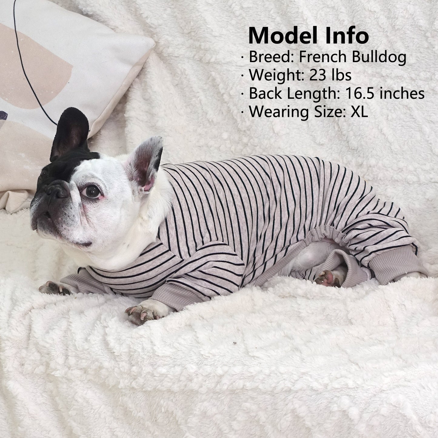 Striped dog onesie pajamas for pets, light gray with black stripes and ribbed leg openings