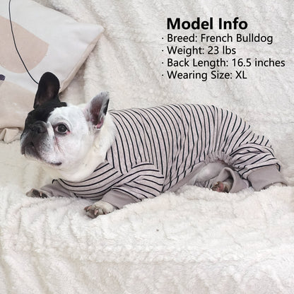 Striped dog onesie pajamas for pets, light gray with black stripes and ribbed leg openings