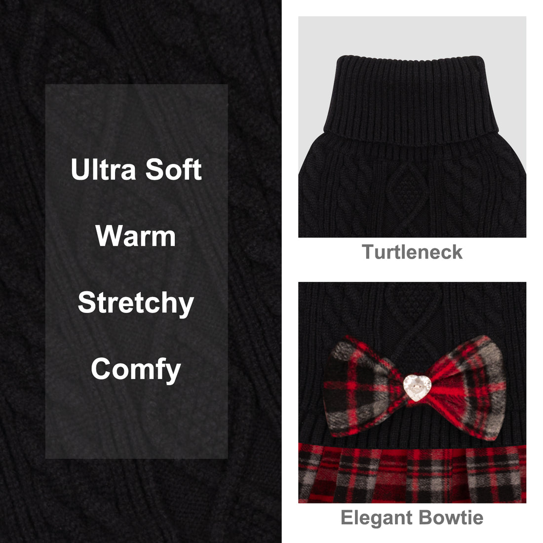 Black cable knit dog sweater with turtleneck and red plaid bow detail