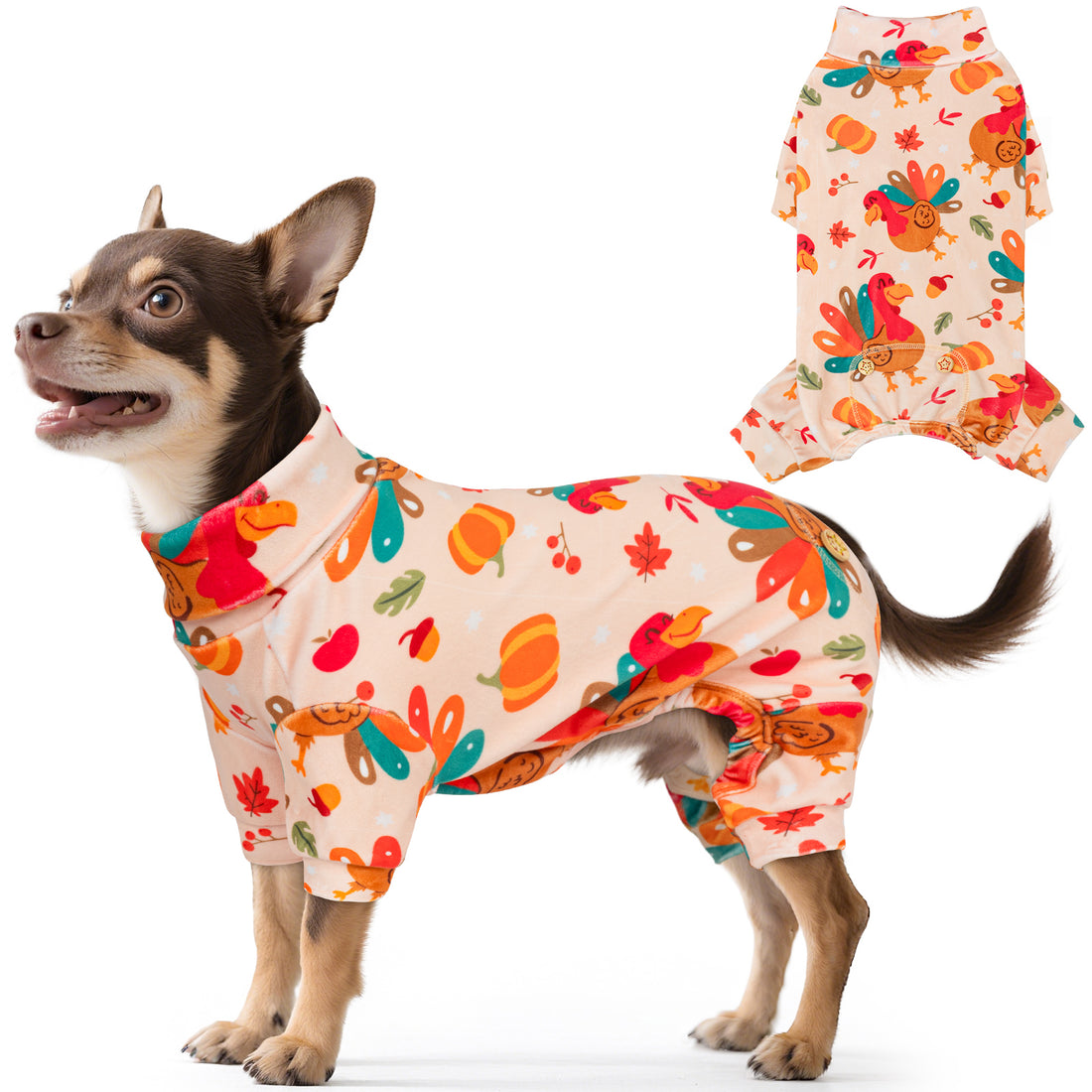 Dog onesie pajamas in cream with colorful turkey, leaf, and pumpkin pattern