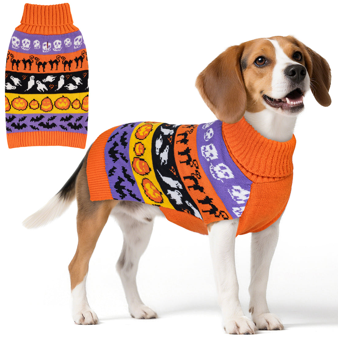 Orange knit dog sweater with Halloween ghost, pumpkin, and bat design panels