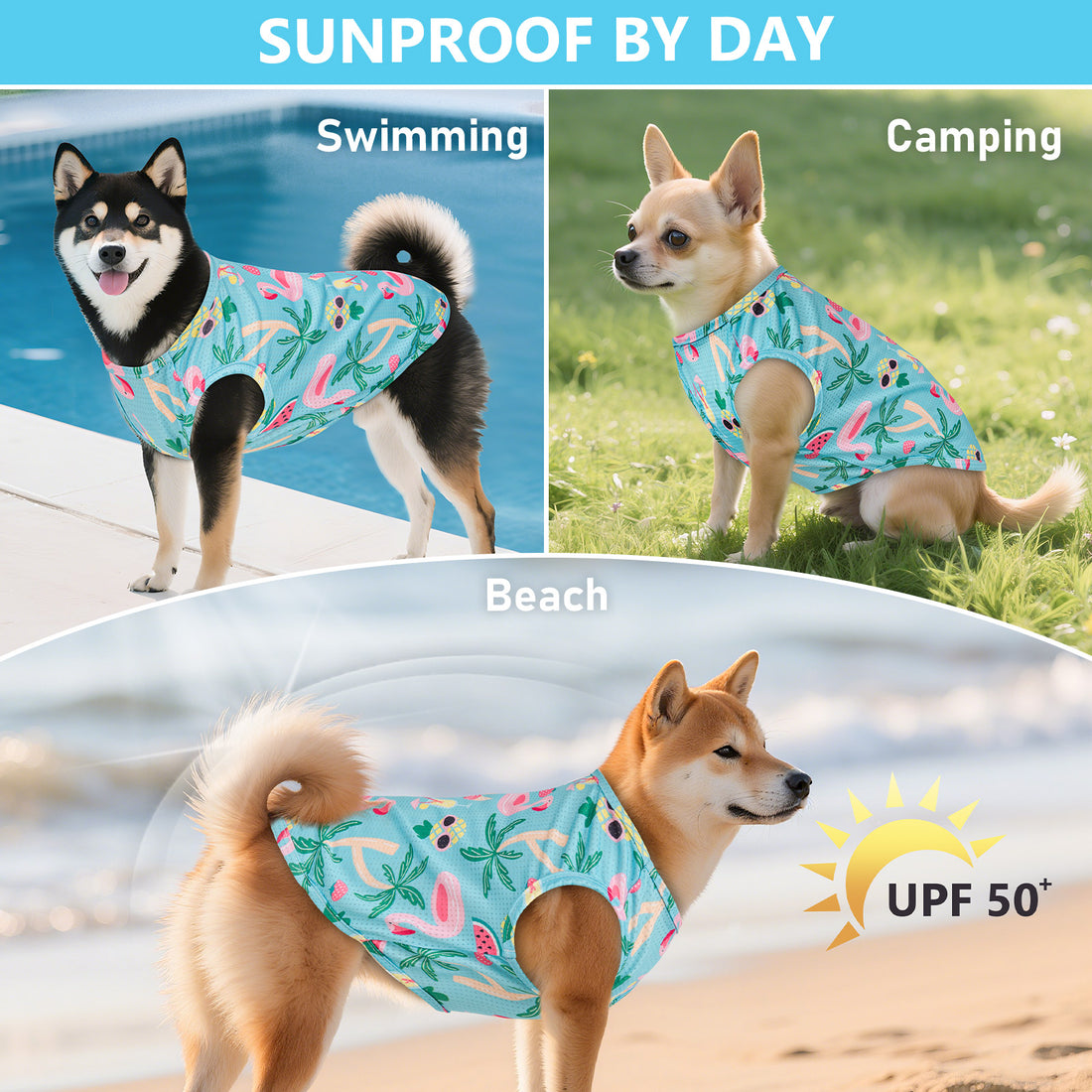 Mesh breathable dog shirt with flamingo and palm print, worn by a dog outdoors
