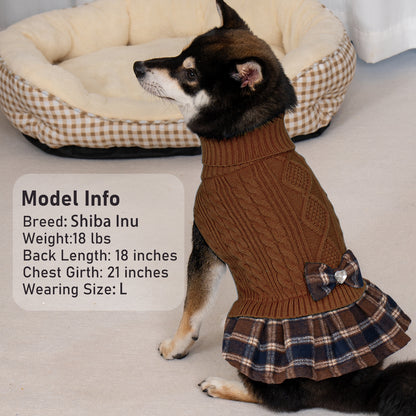 Brown cable knit dog sweater with turtleneck, plaid ruffle hem, and bow