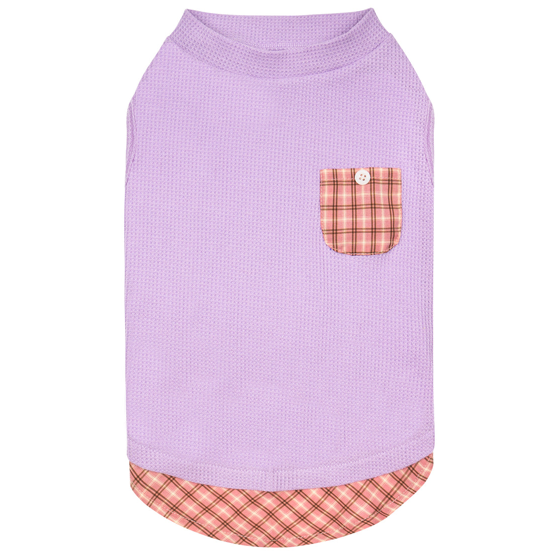 Purple waffle knit dog sleeveless shirt with plaid pocket and plaid-lined hem