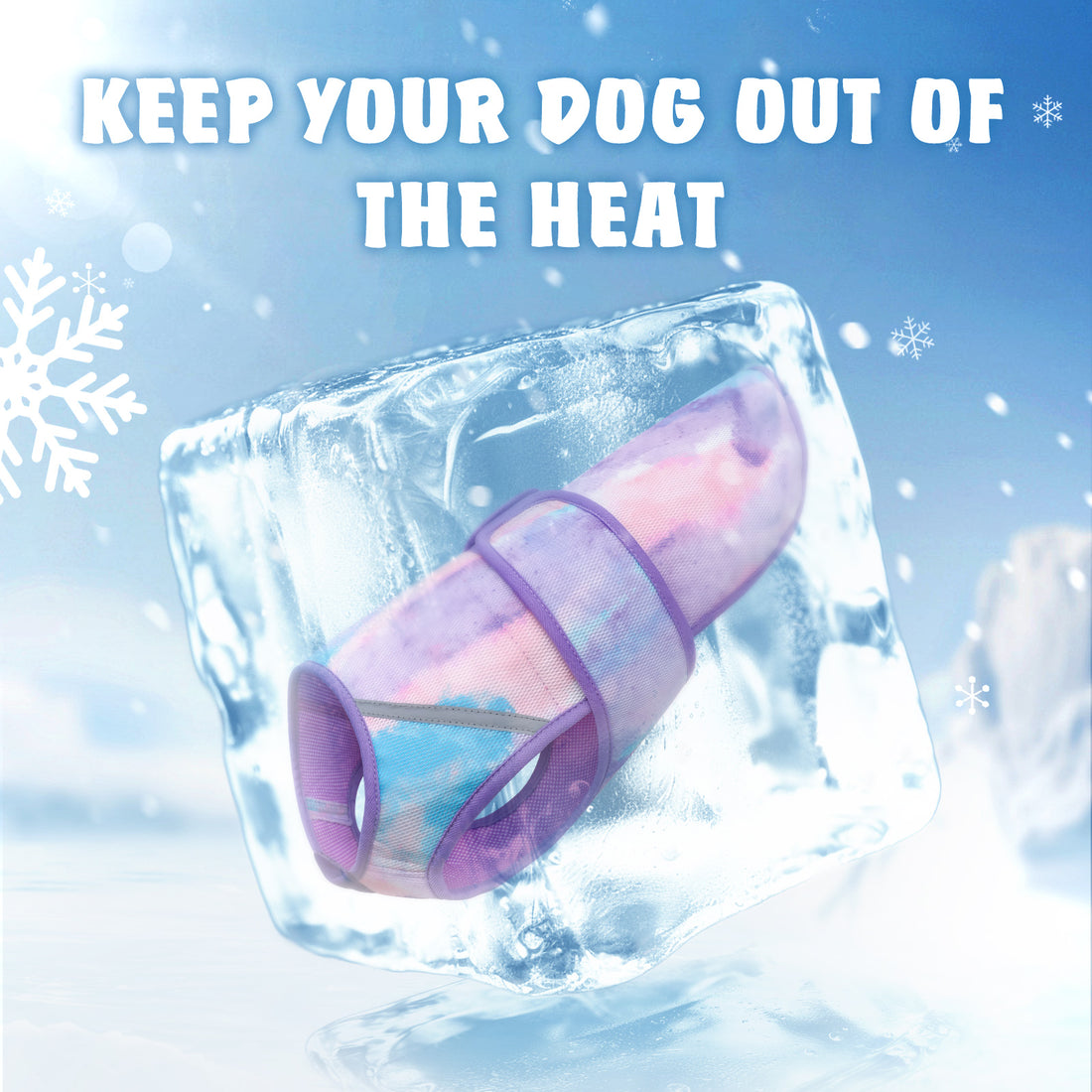 Lightweight mesh cooling dog vest in purple and blue tie-dye inside an ice block