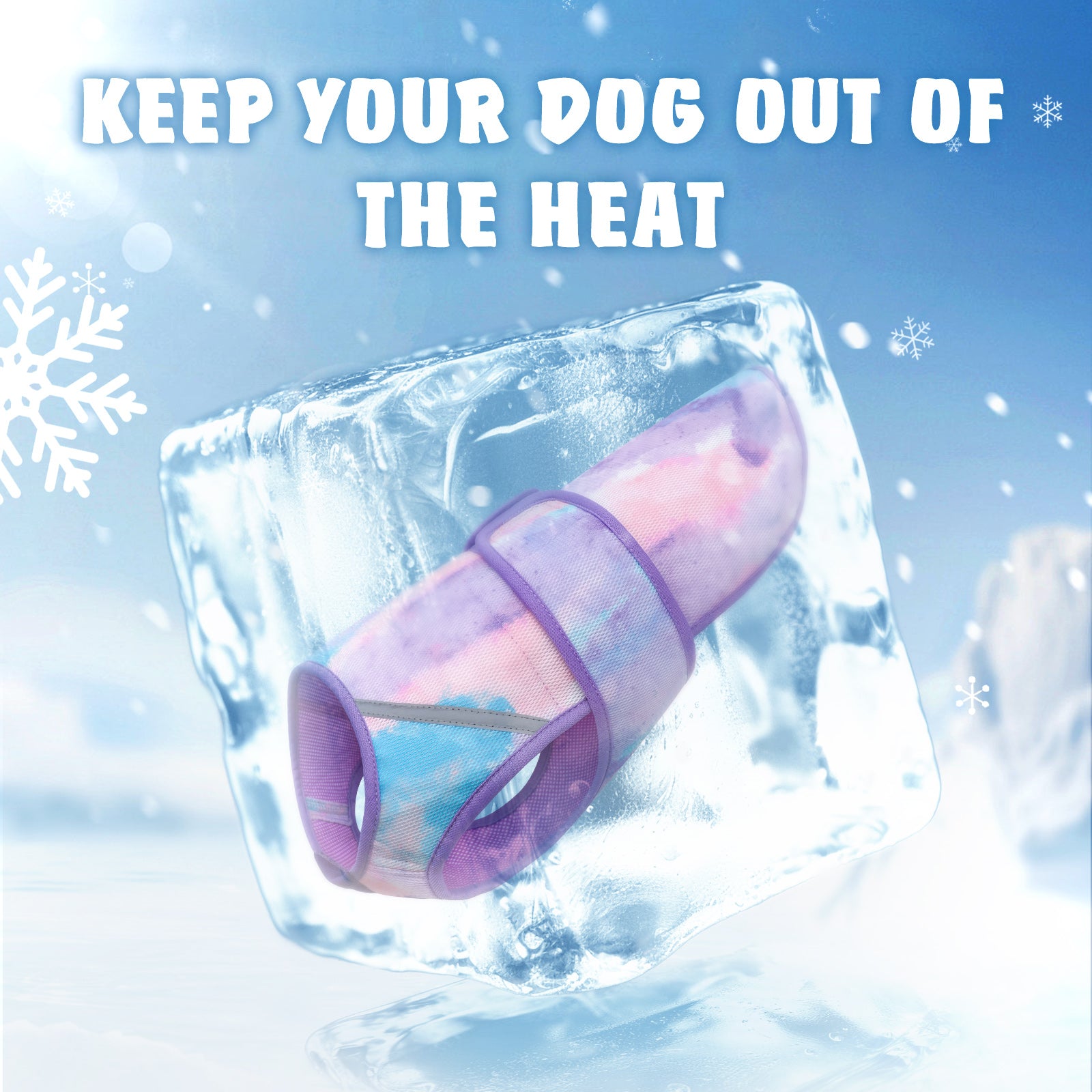 Lightweight mesh cooling dog vest in purple and blue tie-dye inside an ice block