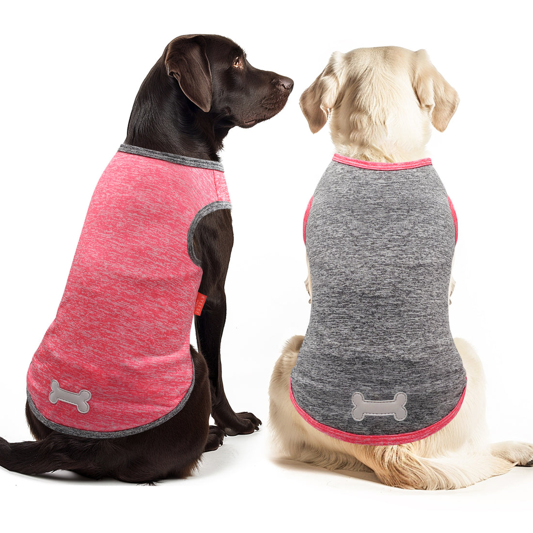 Red-pink and dark gray sleeveless dog shirts with bone emblem and pink trim